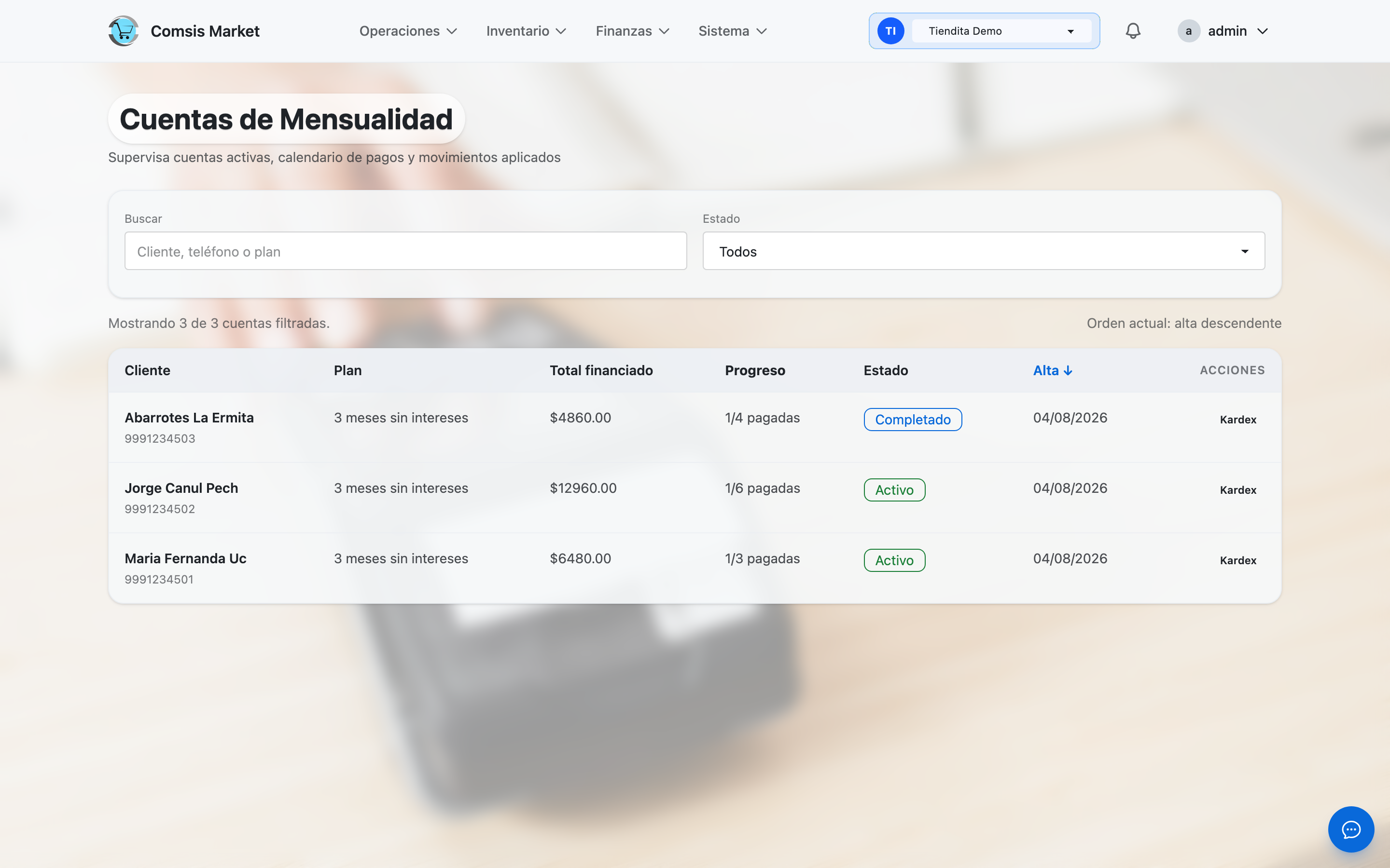 Cuentas de mensualidad con abonos y saldo pendiente