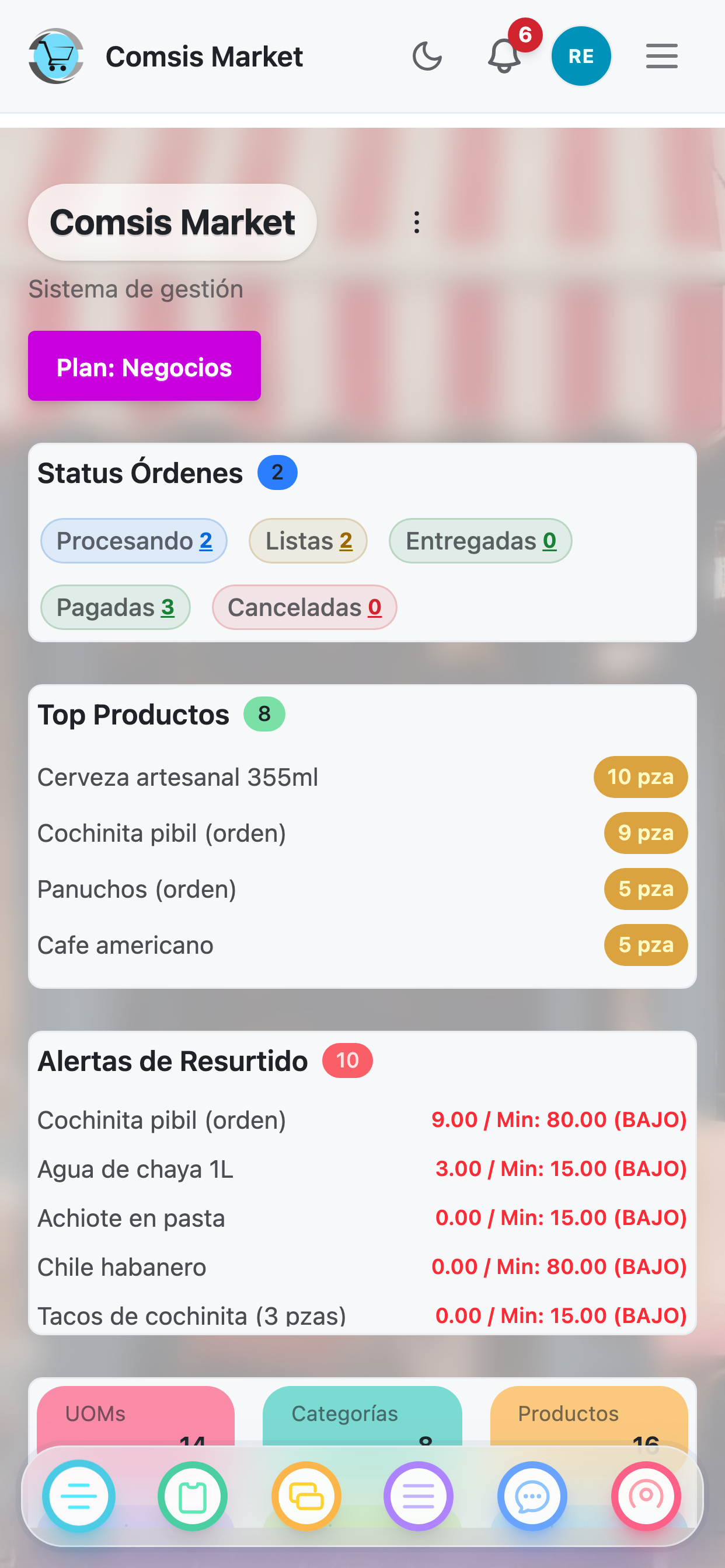 Sistema POS e inventario funcionando en telefono movil