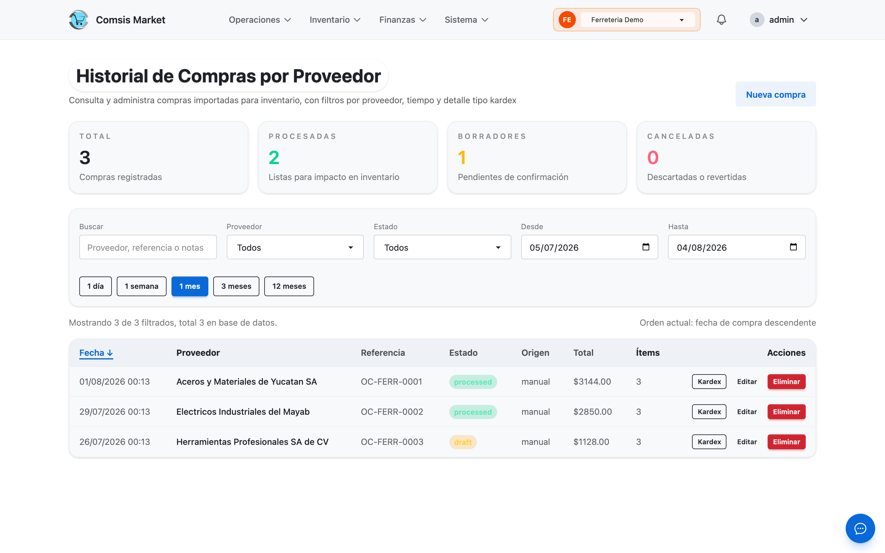 Lotes de compra a proveedor que entran al inventario