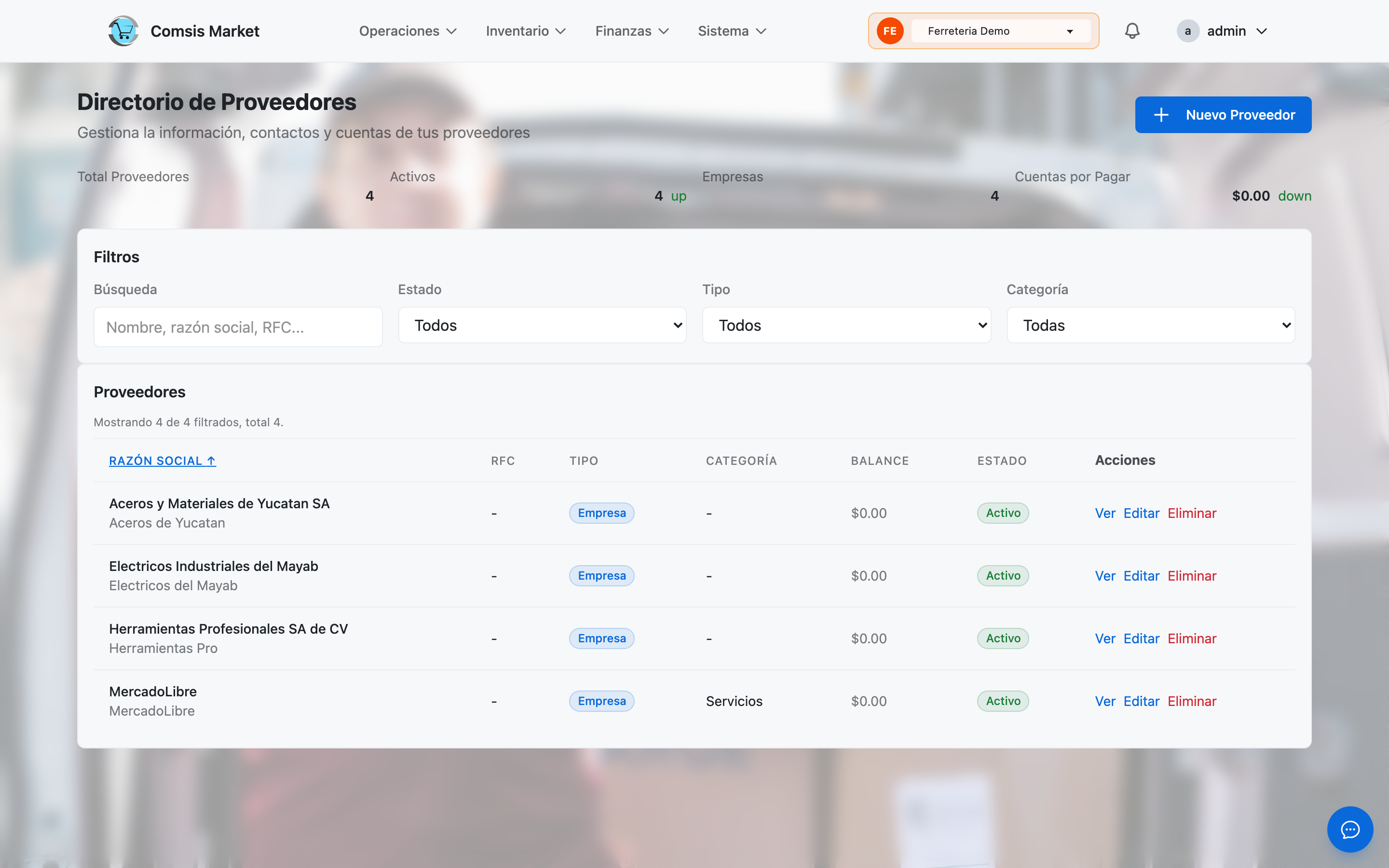 Vista previa de Proveedores y compras