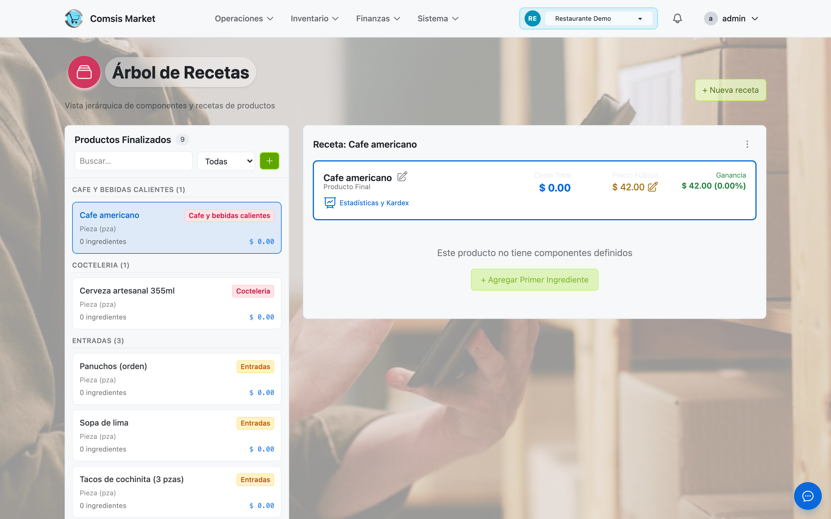 Vista previa de Recetas e inventario