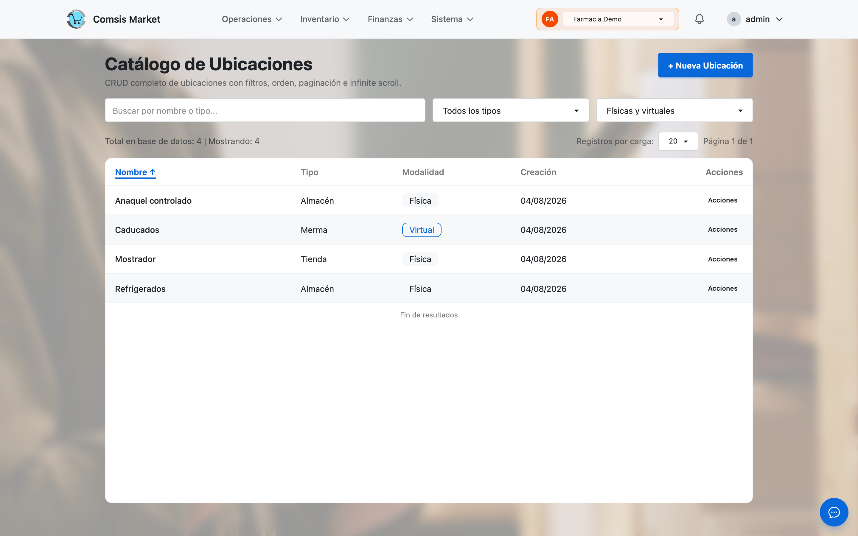 Ubicaciones de almacen WMS con existencias por rack