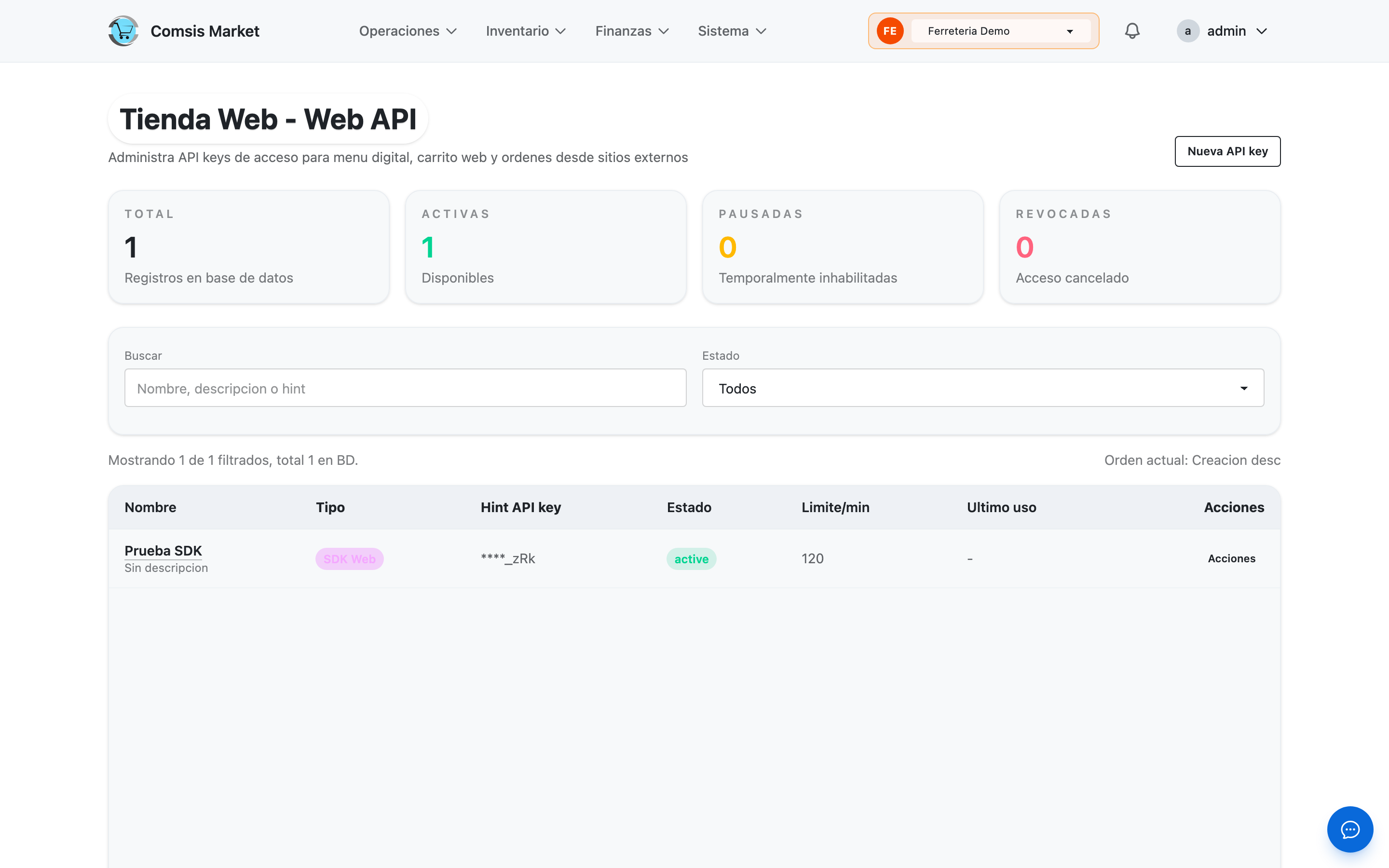 Configuracion de la tienda virtual y accesos del SDK web